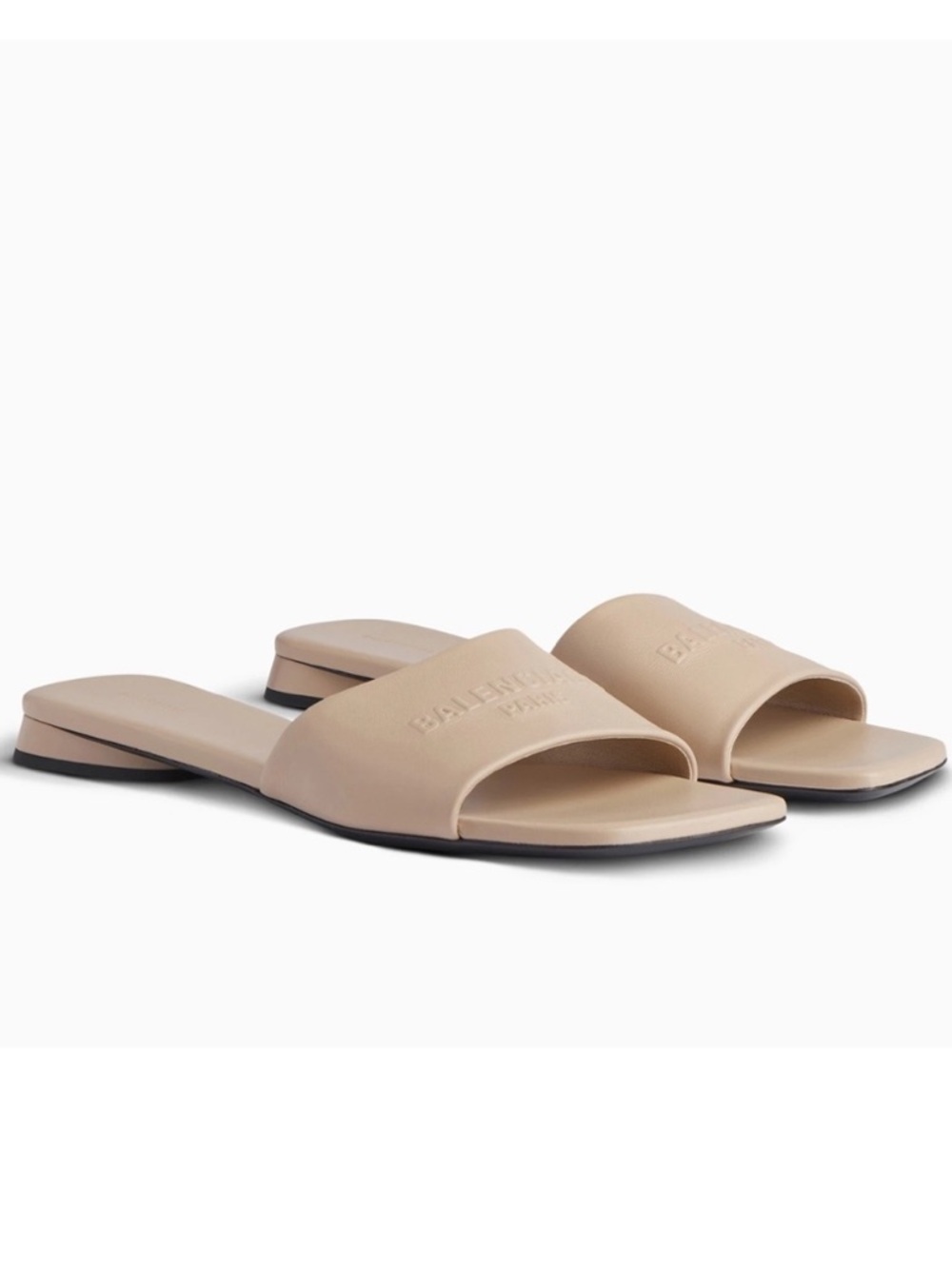 Balenciaga Duty Free Embossed Logo Leather Flat Slide Sandal Nude NWT 40 FR